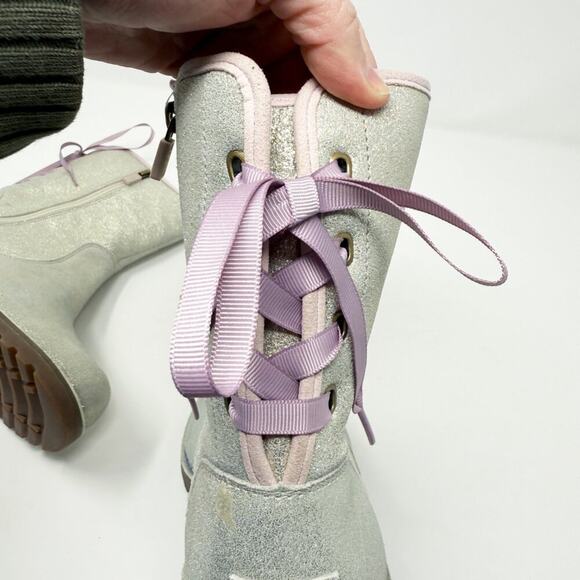 Ugg	Metallic Silver Corene Boots Size 6 Side Zip/Lace Up Back Shearling Footbed - Picture 9 of 11